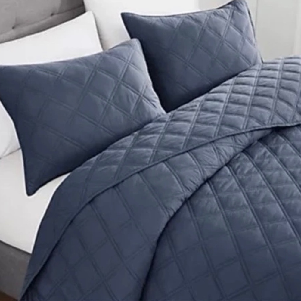 Brooklyn Loom Diamond Washed Cotton Solid Color Full Queen Quilt Set 3 Pcs BLUE🔥